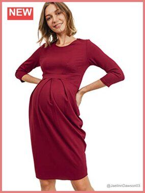Knee Length Midi Maternity Dress with Front Pleat 3/4 Sleeve Scoop Neck